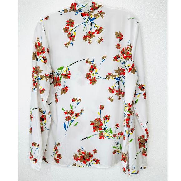 Off White Red Brown Blue Floral Long Sleeve Tie Neck Blouse Top L - Picture 6 of 11